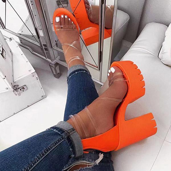 Women Platform Sandals Chunky Heel Zipper Open Toe Strappy See-Through Sandals