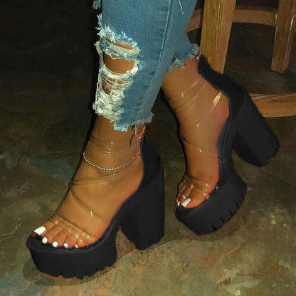 Women Platform Sandals Chunky Heel Zipper Open Toe Strappy See-Through Sandals