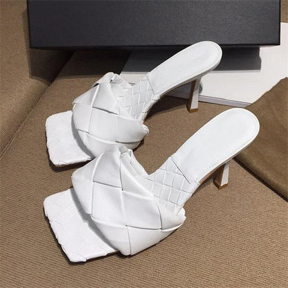 Womens Square Open Toe Heeled Woven Leather Slipper Heels