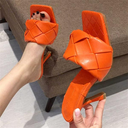 Womens Square Open Toe Heeled Woven Leather Slipper Heels