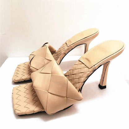 Womens Square Open Toe Heeled Woven Leather Slipper Heels