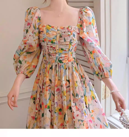 Retro Chic Floral Puff Sleeve Dress for Women Summer  HOT1133