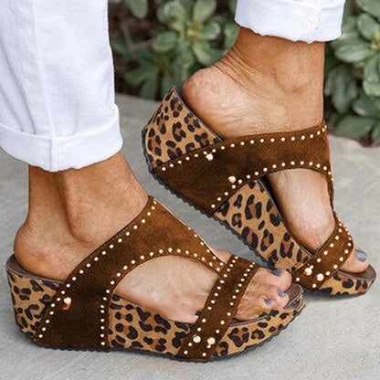 Women Leopard Printed Slip on Wedges Heel Gladiator Pumps Slide Sandals