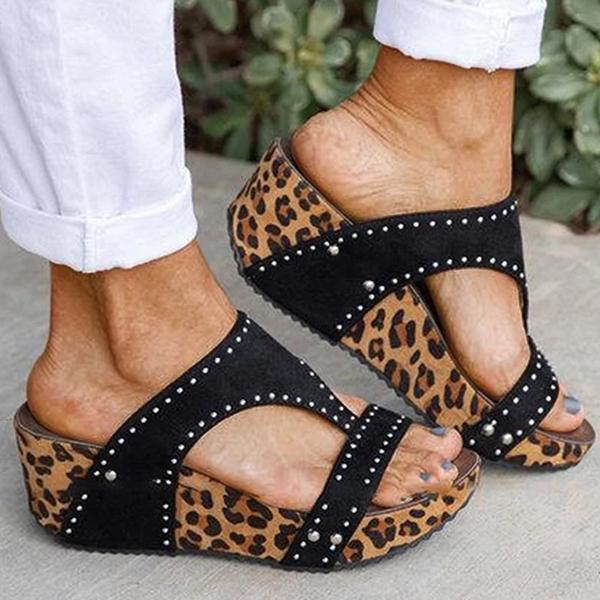 Women Leopard Printed Slip on Wedges Heel Gladiator Pumps Slide Sandals