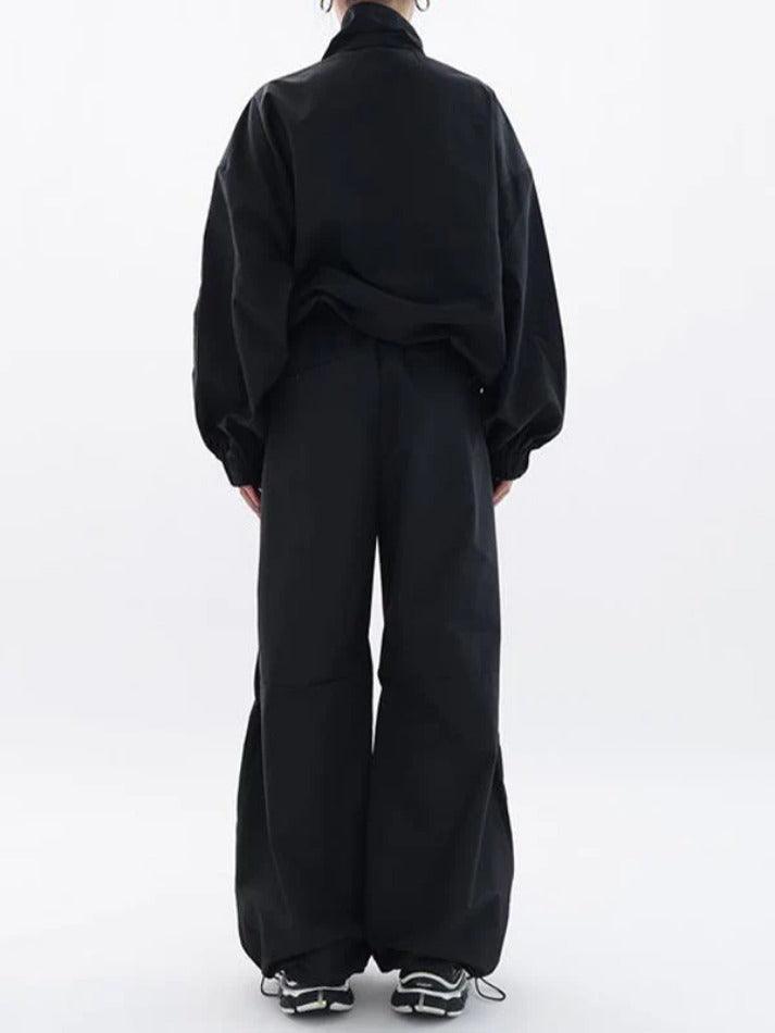 Solid Drawstring Jacket & Bound Feet Wide Leg Pants Set