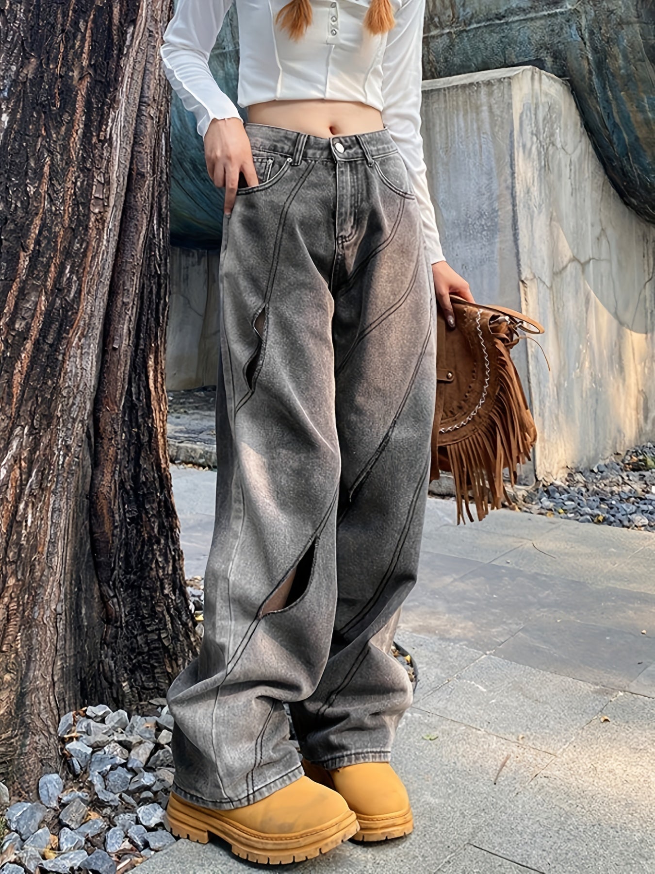 「binfenxie」Cut Out Stitching Detail Wide Leg Jeans, Dark Grey Washed Zipper Button Closure Street Style Denim Pants, Women's Denim Jeans & Clothing