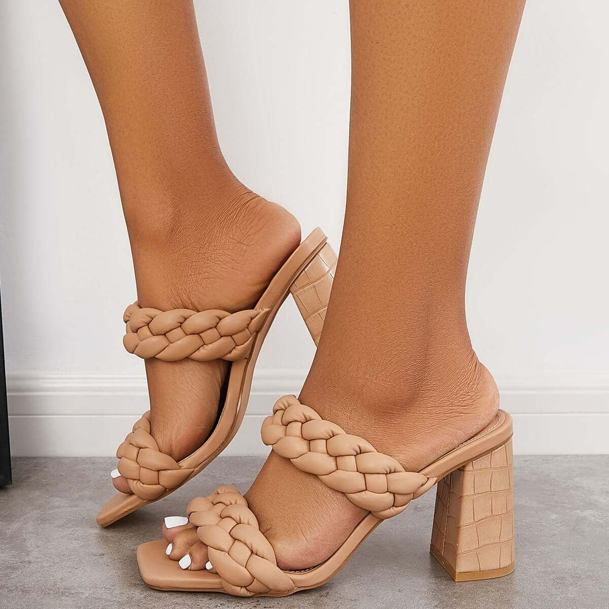 Women Backless Heels Dune Heels Square Open Toe Block Braided Heeled Sandals