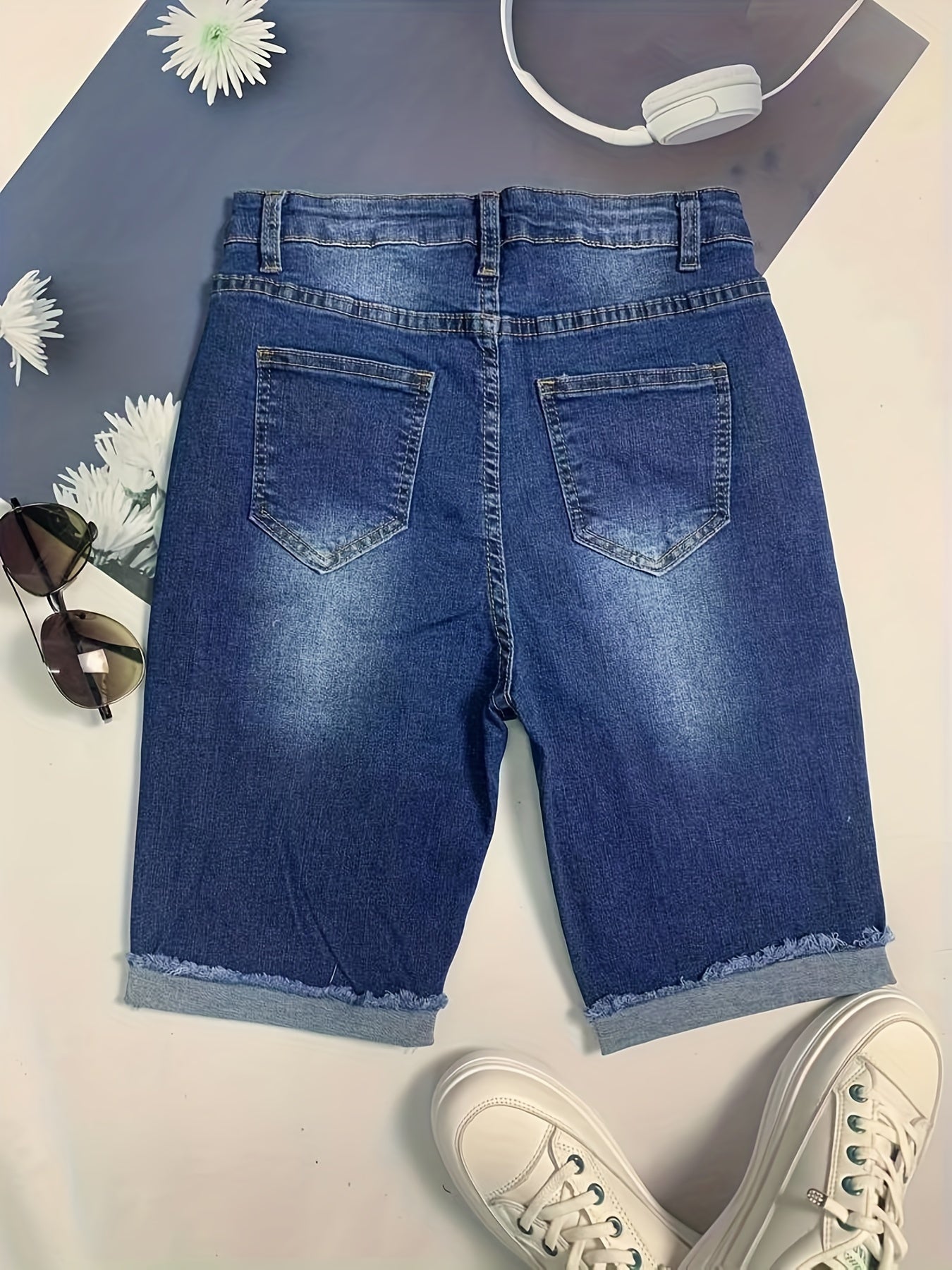 「binfenxie」Raw Hem Cuffed Whiskering Denim Shorts, Stretchy Water Ripple Embossed Stretchy Denim Pants, Casual & Stylish, Women's Denim Jeans & Clothing