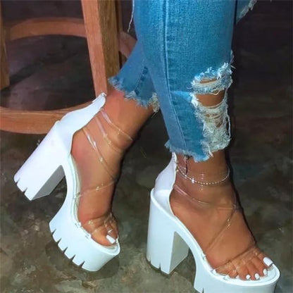 Women Platform Sandals Chunky Heel Zipper Open Toe Strappy See-Through Sandals