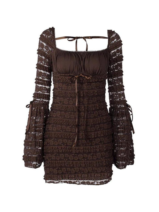 Solid Multi Layered Lace Square Neck Mini Dress