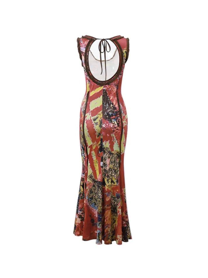 Vintage Random Print U Neck Backless Maxi Dress