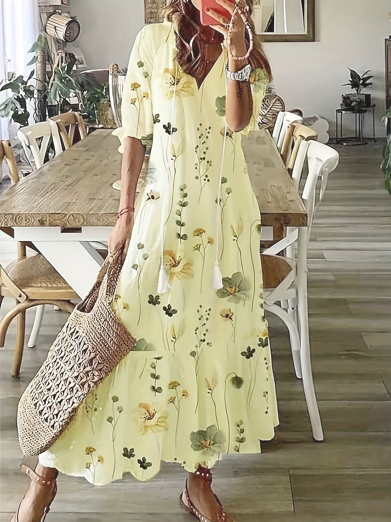 「binfenxie」Ikat Print Drawstring Dress, Boho Ruffle Trim V Neck Half Sleeve Summer Dress, Women's Clothing