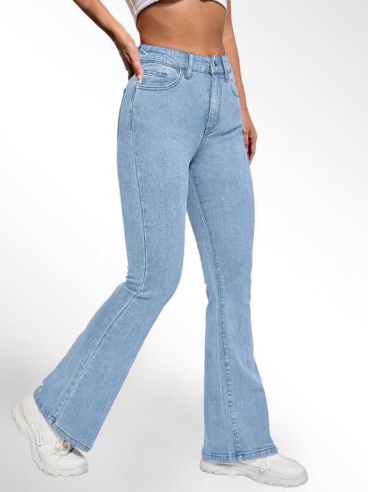 「binfenxie」High Waist High Strech Light Blue Bootcut Jeans, Zipper Button Closure Flare Leg Causal Denim Pants, Women's Denim Jeans & Clothing