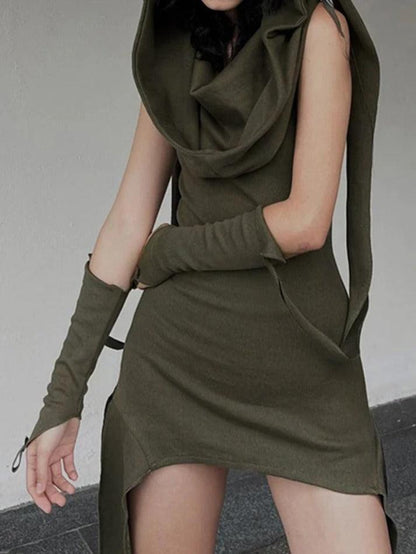 Hooded Stacked Irregular Hem With Sleeve Mini Dress