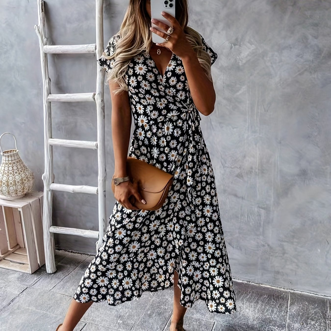 「binfenxie」Floral Print Wrap Belted Dress, Elegant V Neck Short Sleeve Dress, Women's Clothing