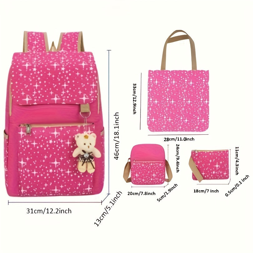 3-Piece Star Print School Backpack Set with Bear Charm - Durable Geometric Fabric, Zipper Closure, Polyester Lining, Includes Shoulder Bag & Pencil Case for Back to School Essentials