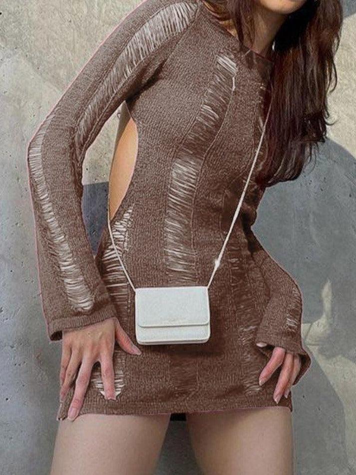 Backless Distressed Long Sleeve Party Mini Dress