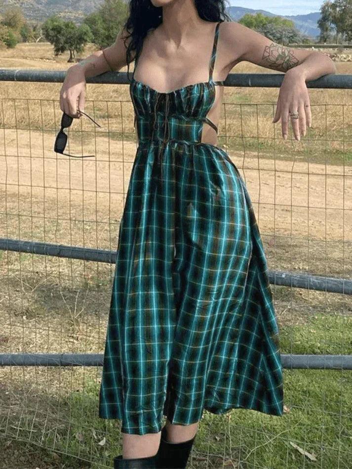 Backless Green Checkered Maxi Dress