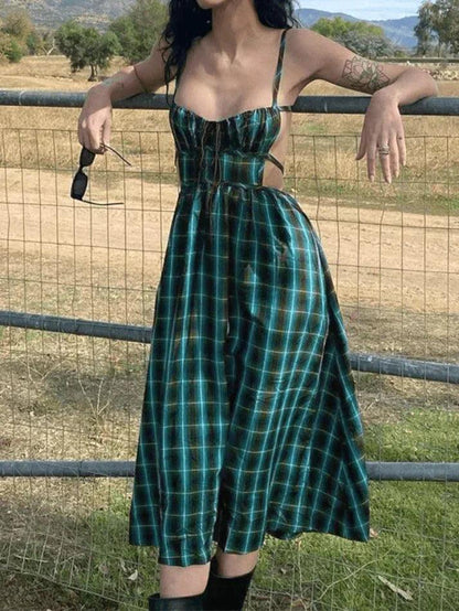 Backless Green Checkered Maxi Dress