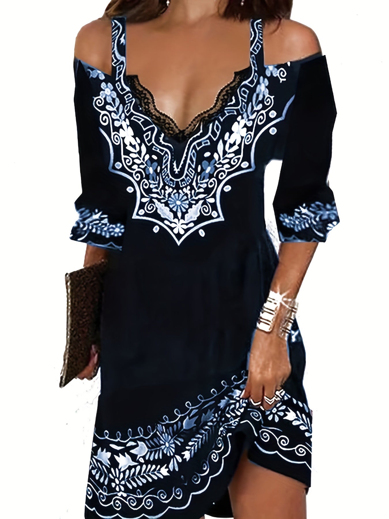 「binfenxie」Ethnic Print Off Shoulder Dress, Boho V Neck Half Sleeve Cami Dress, Women's Clothing