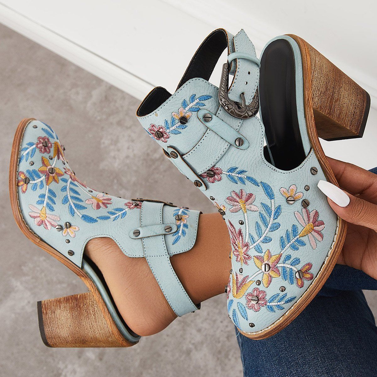 Women's Blue Cutout Sandals Embroidered Chunky Heels Sandals Stacked Ankle Slingback Sandals