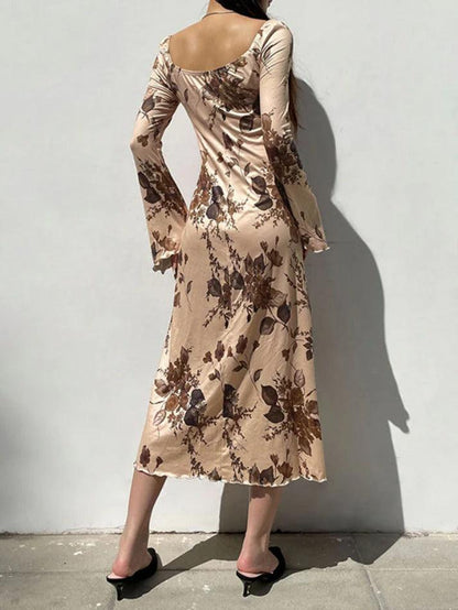 Vintage Flower Print Square Neck Trumpet Sleeve Midi Dress