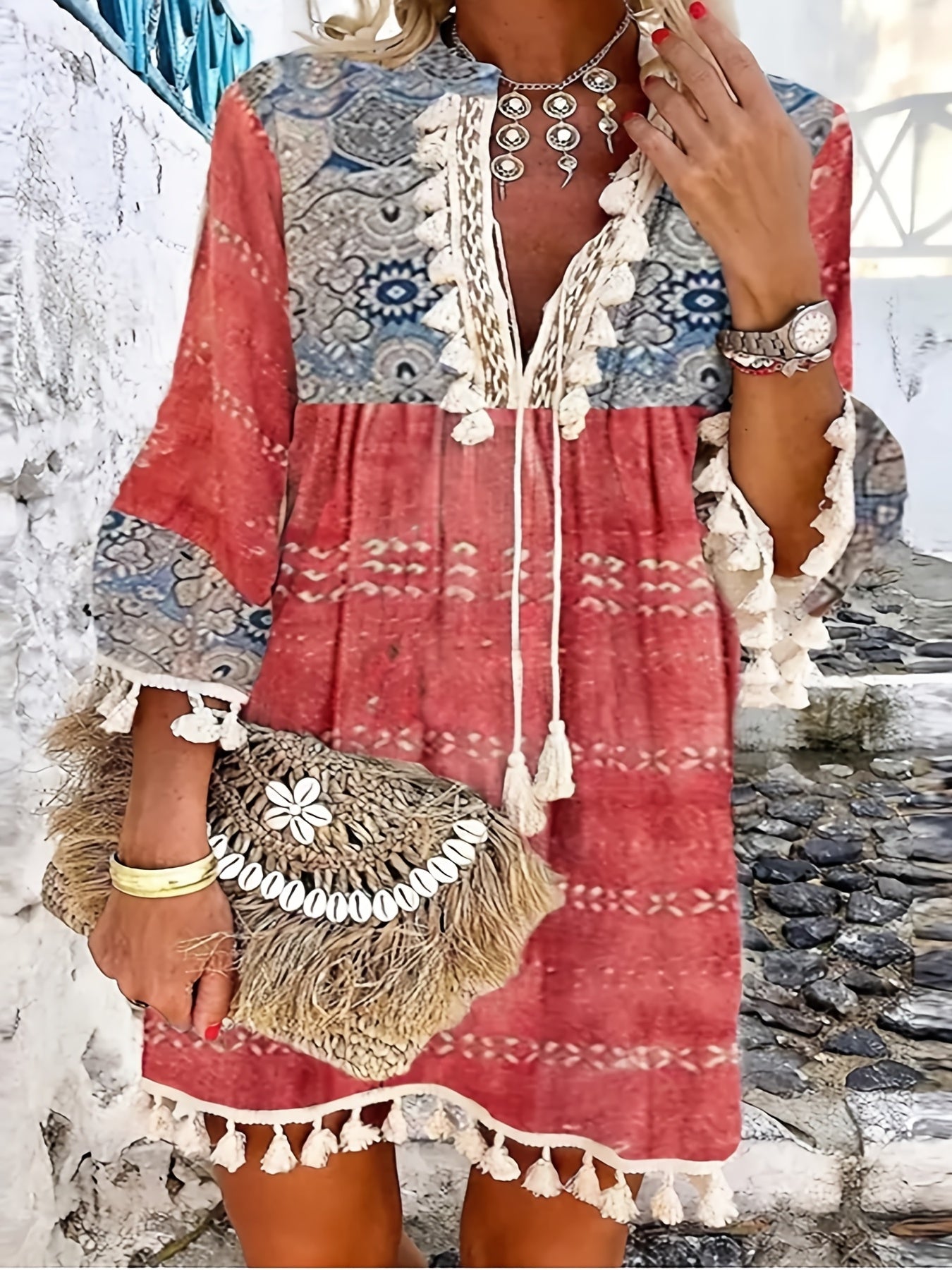 「binfenxie」Retro Print Boho Dress, V Neck Tassels Casual Dress For Spring & Summer, Women's Clothing