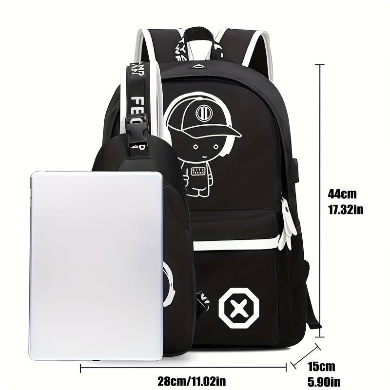 2PCS/Set - Stylish Casual Travel Backpack & Cartoon Crossbody Bag Set - Spacious, Versatile Design for Students & Explorers