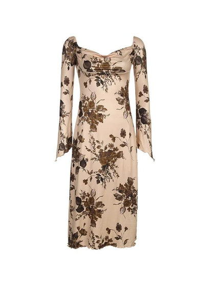 Vintage Flower Print Square Neck Trumpet Sleeve Midi Dress