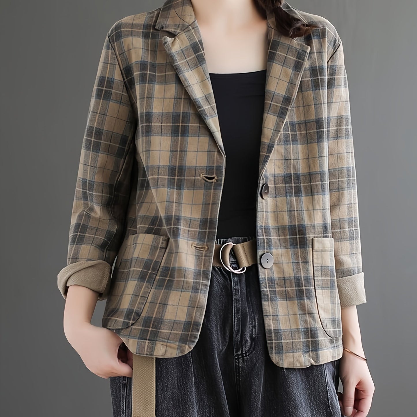 「binfenxie」Literary Cotton Linen Plaid Blazer, Women's Casual Coat