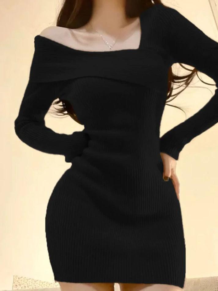 Solid Ribbed Splice Slanted Neck Knit Mini Dress