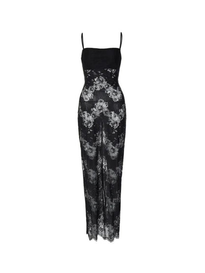 Perspective Lace Backless Lacing Slim Maxi Dress