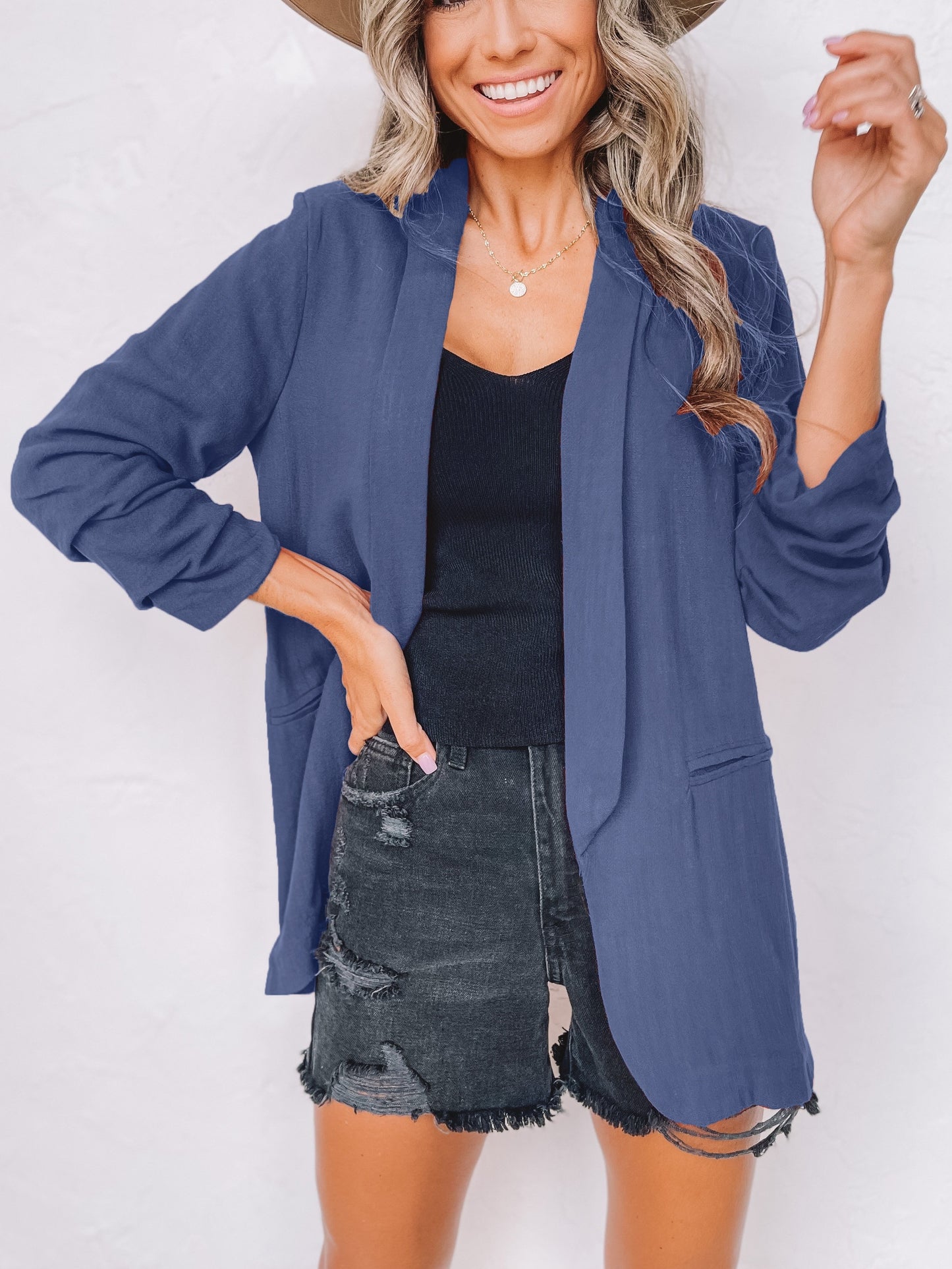 「binfenxie」Solid Lapel Blazer Jacket, Casual Long Sleeve Office Work Outerwear, Women's Clothing