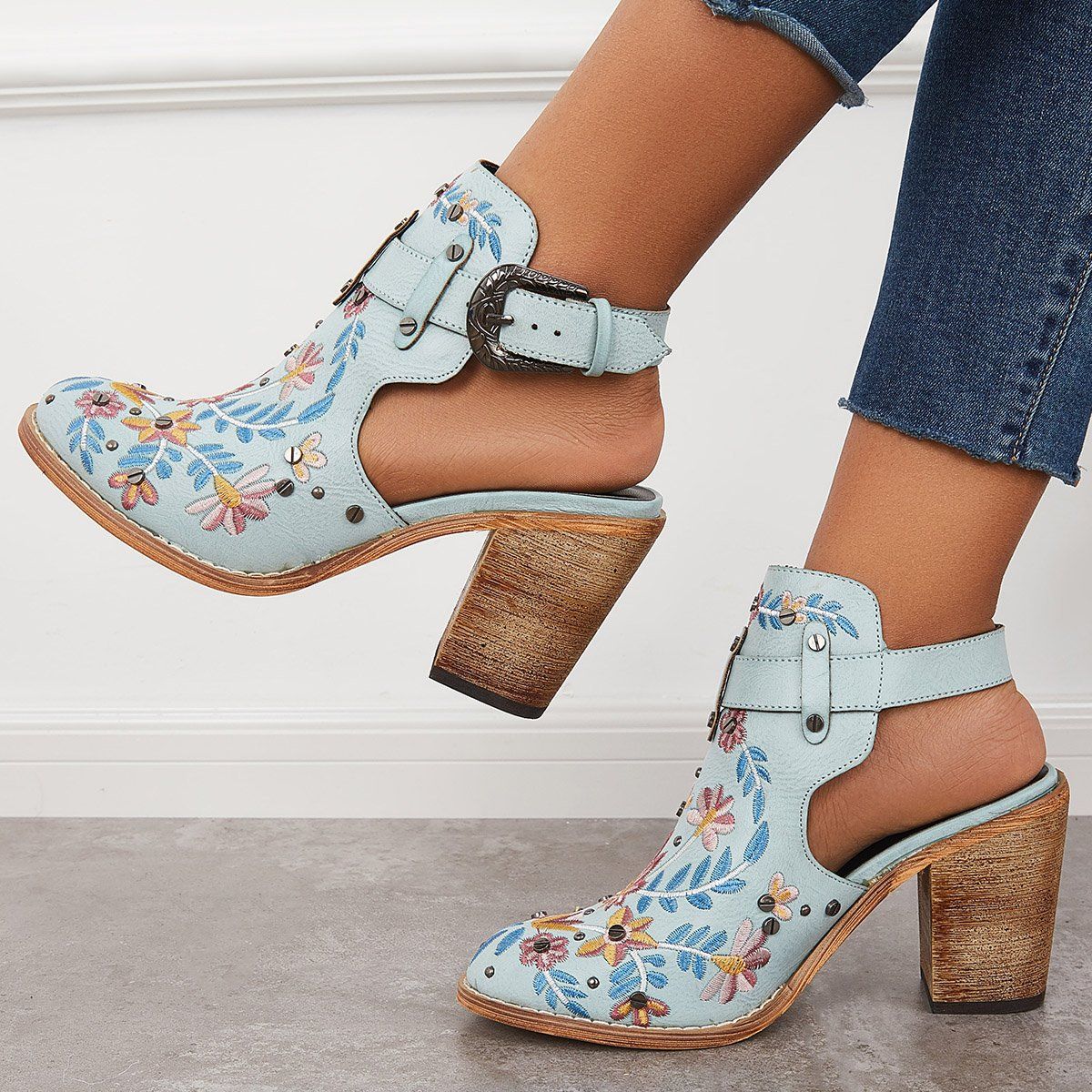 Women's Blue Cutout Sandals Embroidered Chunky Heels Sandals Stacked Ankle Slingback Sandals