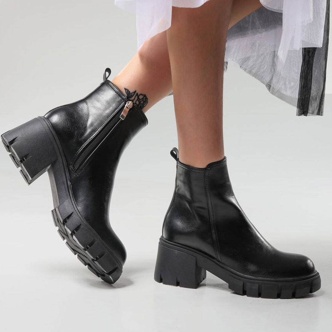 Lug Sole Block Heel Ankle Boots - Black