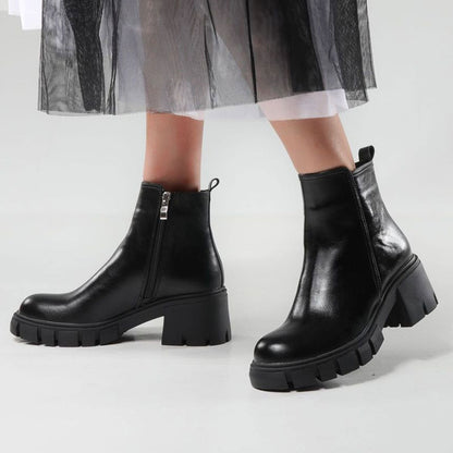 Lug Sole Block Heel Ankle Boots - Black