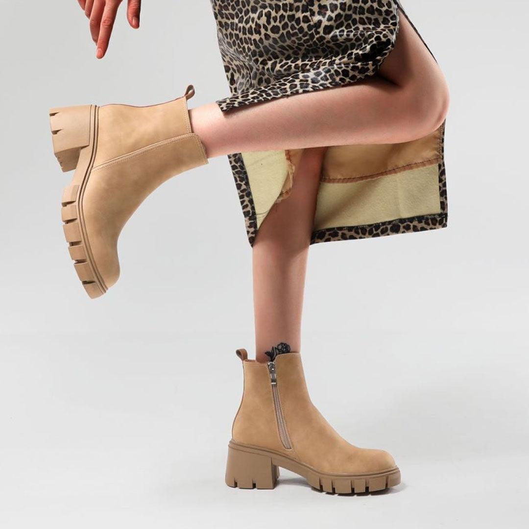 Lug Sole Block Heel Ankle Boots - Khaki