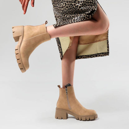 Lug Sole Block Heel Ankle Boots - Khaki