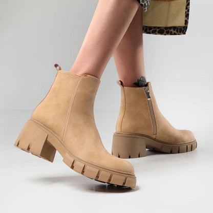 Lug Sole Block Heel Ankle Boots - Khaki