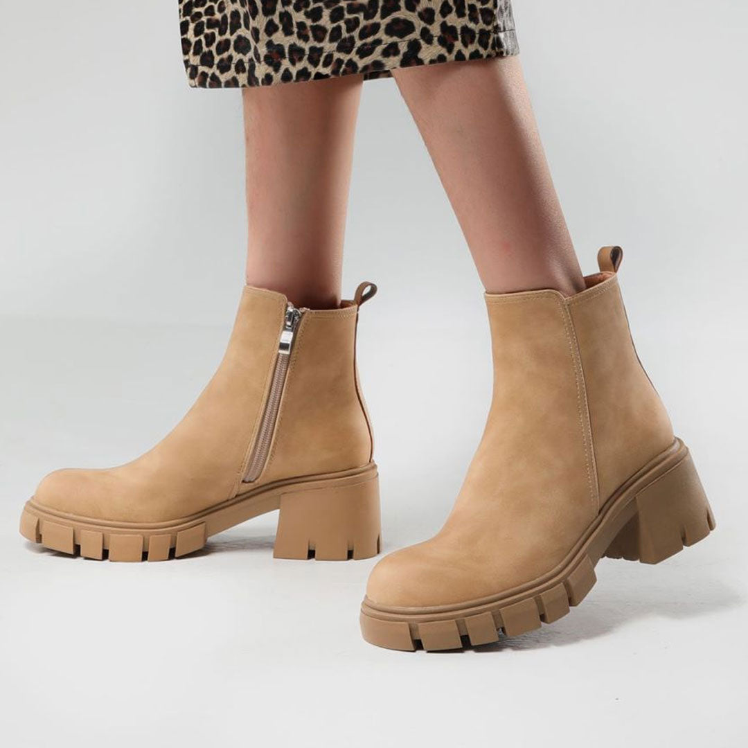 Lug Sole Block Heel Ankle Boots - Khaki