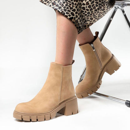 Lug Sole Block Heel Ankle Boots - Khaki