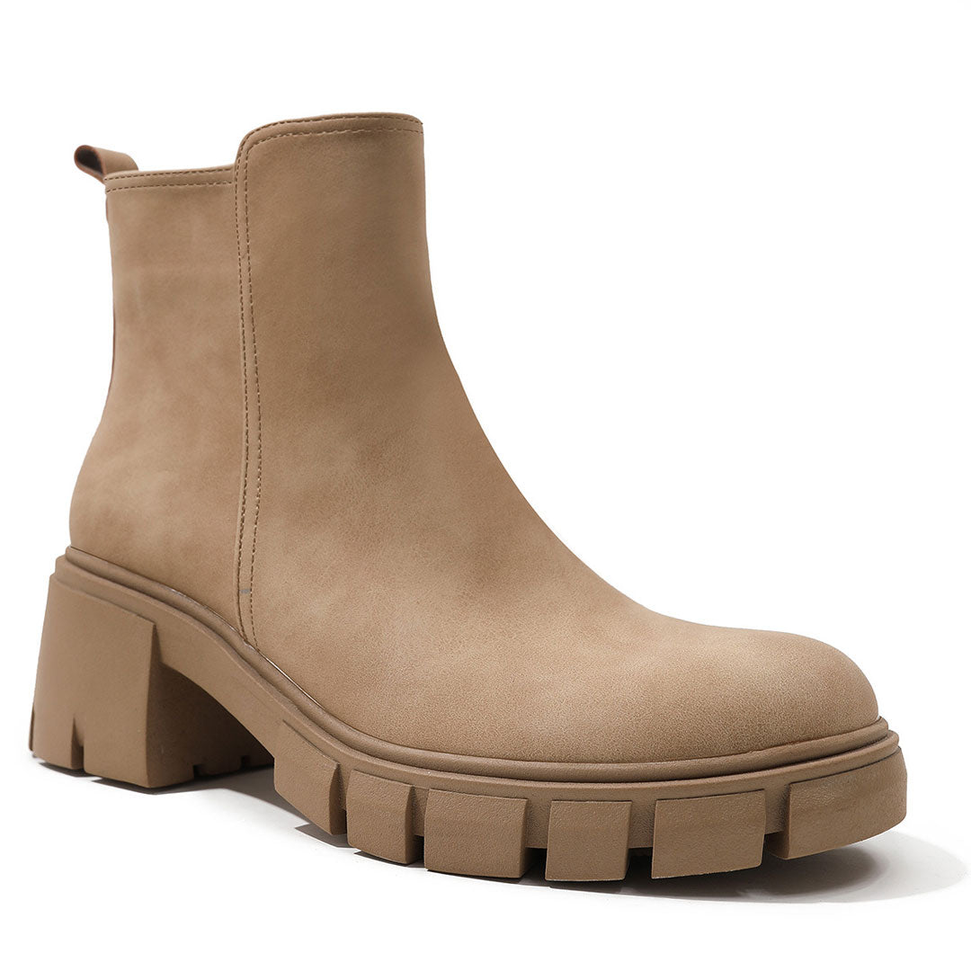 Lug Sole Block Heel Ankle Boots - Khaki