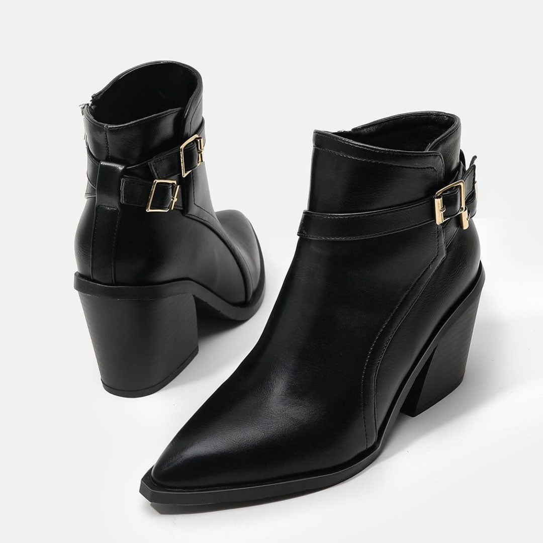 Pointed Toe Buckle Strap Block Heel Ankle Boots - Black