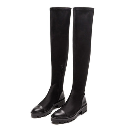 Panel Trim Lug Sole Over The Knee Boots - Black