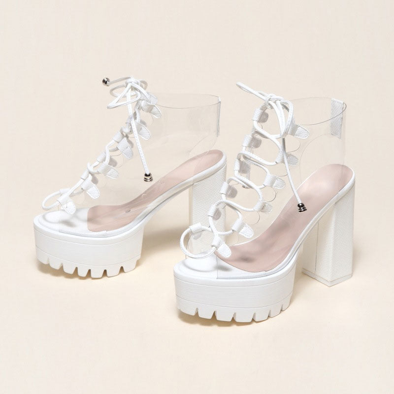 PVC Lace Up Peep Toe Lug Sole Chunky High Heel Platform Boots - White