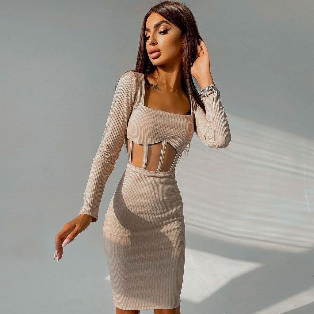 Square Neck Long Sleeve Mesh Panel Rib Knit Midi Dress - Beige