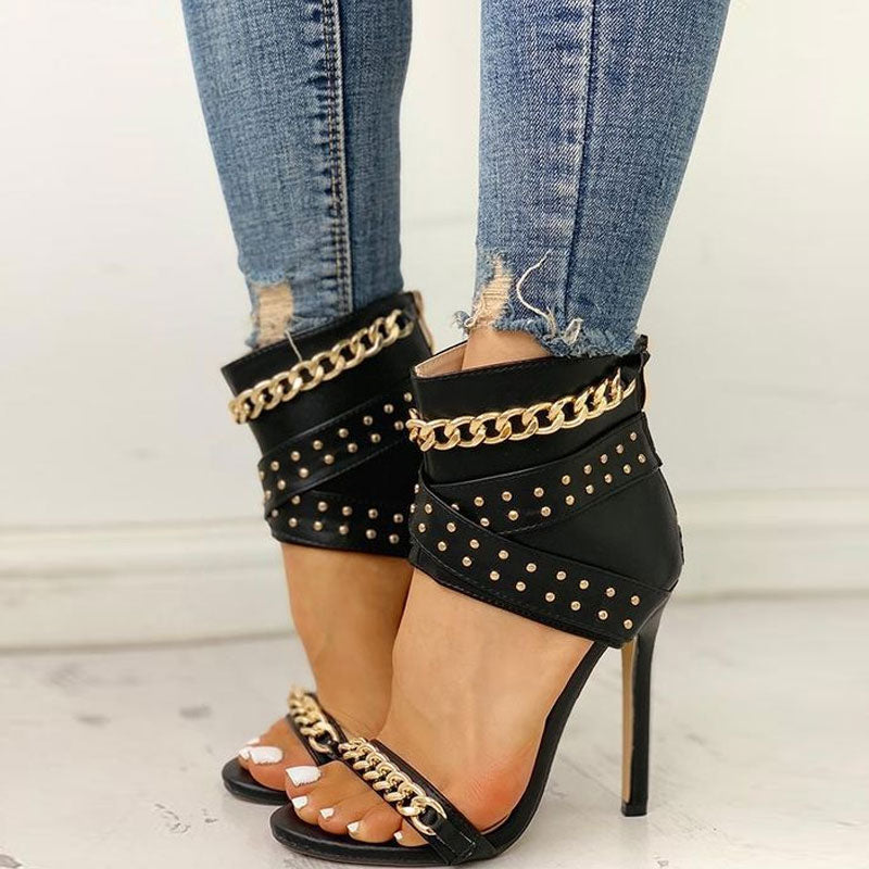 Studs Trim Chain Strap High Heeled Cut Out Sandals - Black