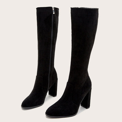 Pointed Toe Chunky High Heel Suede Knee High Boots - Black