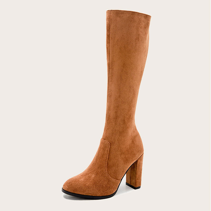 Pointed Toe Chunky High Heel Suede Knee High Boots - Brown