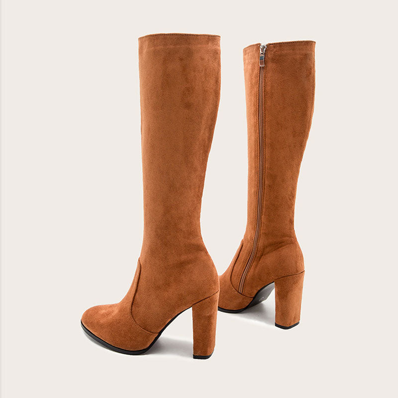 Pointed Toe Chunky High Heel Suede Knee High Boots - Brown